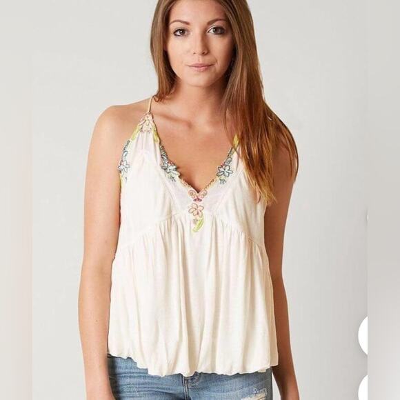 FREE PEOPLE ISLAND TIME FLORAL V NECK TANK TOP IVORY LEATHER STRAPS - Picture 1 of 6